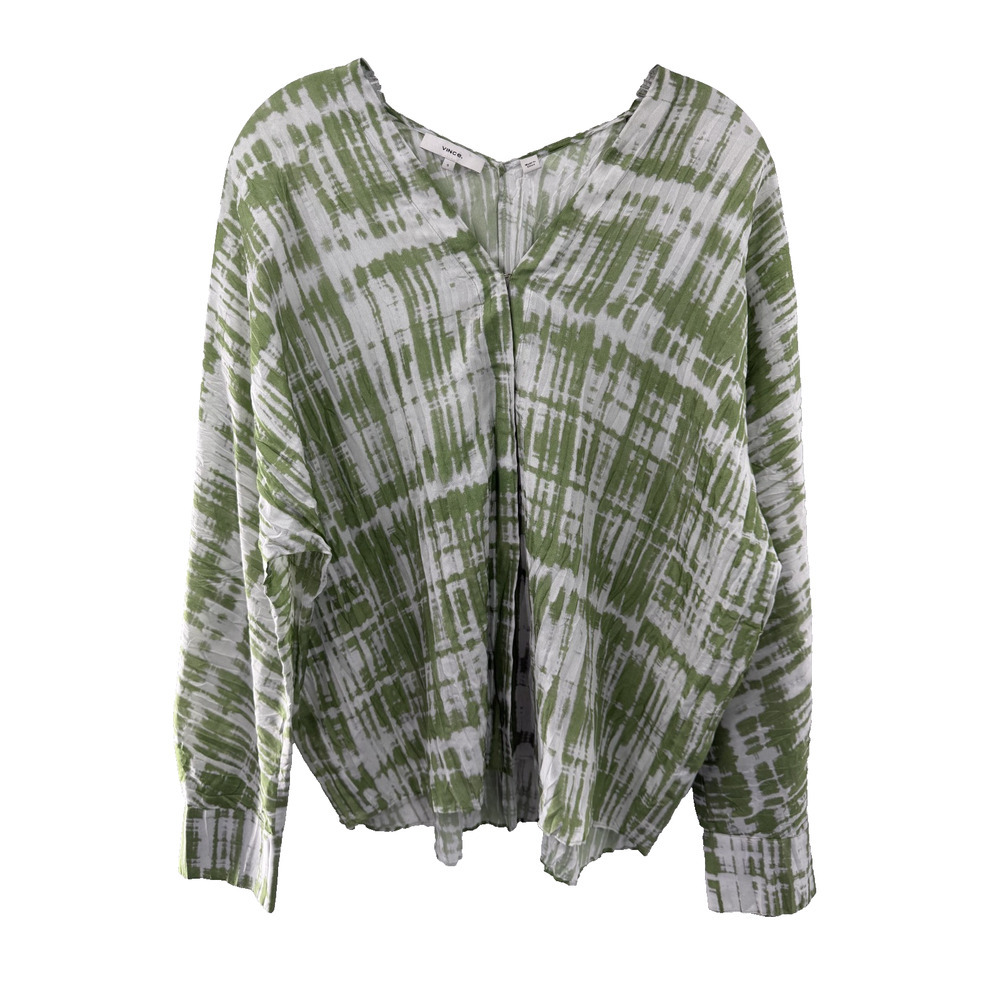 Vince Women's Silk White & Light Green V-Neck Blouse Size Small